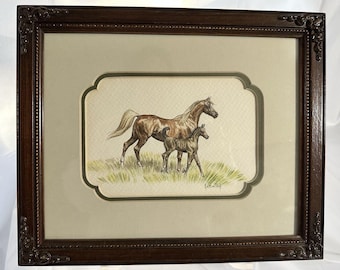 Original Signed Sandy Saltonstall Watercolor Painting Arabian Horse Mother & Foal.