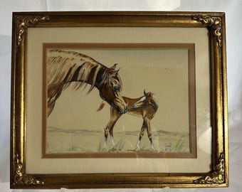 Framed Mare & Foal Watercolor Painting: Signed Equestrian Art