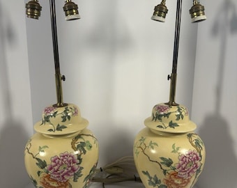 Vintage Chinoiserie Ginger Jar Lamps Pair: Hand-Painted Porcelain, Hollywood Regency