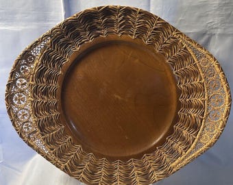 Vintage MCM Oregon Myrtlewood Plate w Intricate Woven Rattan Rim-August Johnson