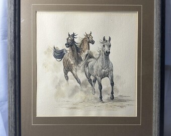 Original Arabian Horse Watercolor Painting by Sandy Saltonstall-Signed Equine Art, Three Running Arabian Horses, Western Wildlife Artwork