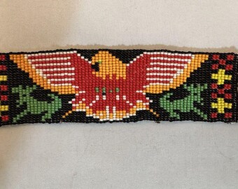 Vintage Mexican Beaded Huichol Cuff Bracelet Multicolor Eagle & Deer Handmade 6”