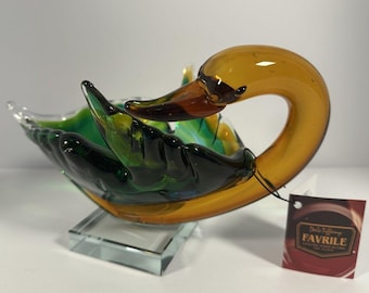Dale Tiffany Hand Blown Art Glass Swan Bowl AS14073 Amber Green Figurine NEW