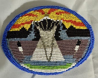 VTG Native American Handmade Beaded Belt Buckle Deer hide Leather Backing