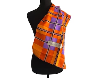 Yves Saint Laurent Red Orange Purple Silk Twill Check Long Scarf 32x33 Vintage