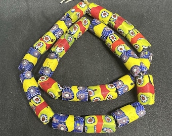 Antique Venetian Millefiori Beads Strand: Large Mosaic Star Cane Tube Beads (~20mm)