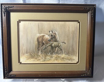 Original Arabian Horse Watercolor by Sandy Saltonstall-Signed Equine Art, Mother Mare & Foal. Western Wildlife