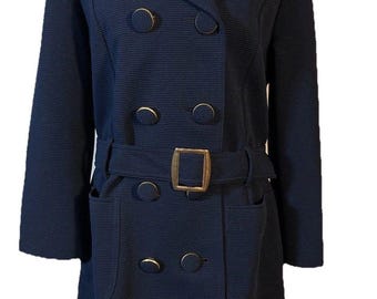 Vintage The Pageant Coat Navy Belted Double Breasted Swing Coat 1960s Size S