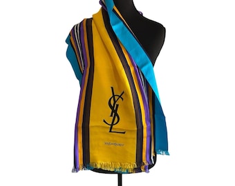 Yves Saint Laurent Multi Color Striped Silk Scarf Shawl Wrap 17x 64 Vintage