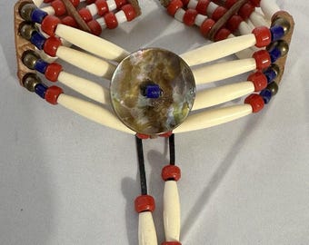 Native American Hair Pipe Style Handmade Choker  Necklace with Abalone Concho