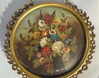 William VAN HOLT Signed Original Miniature Floral Oil Painting Brass Frame 3.5