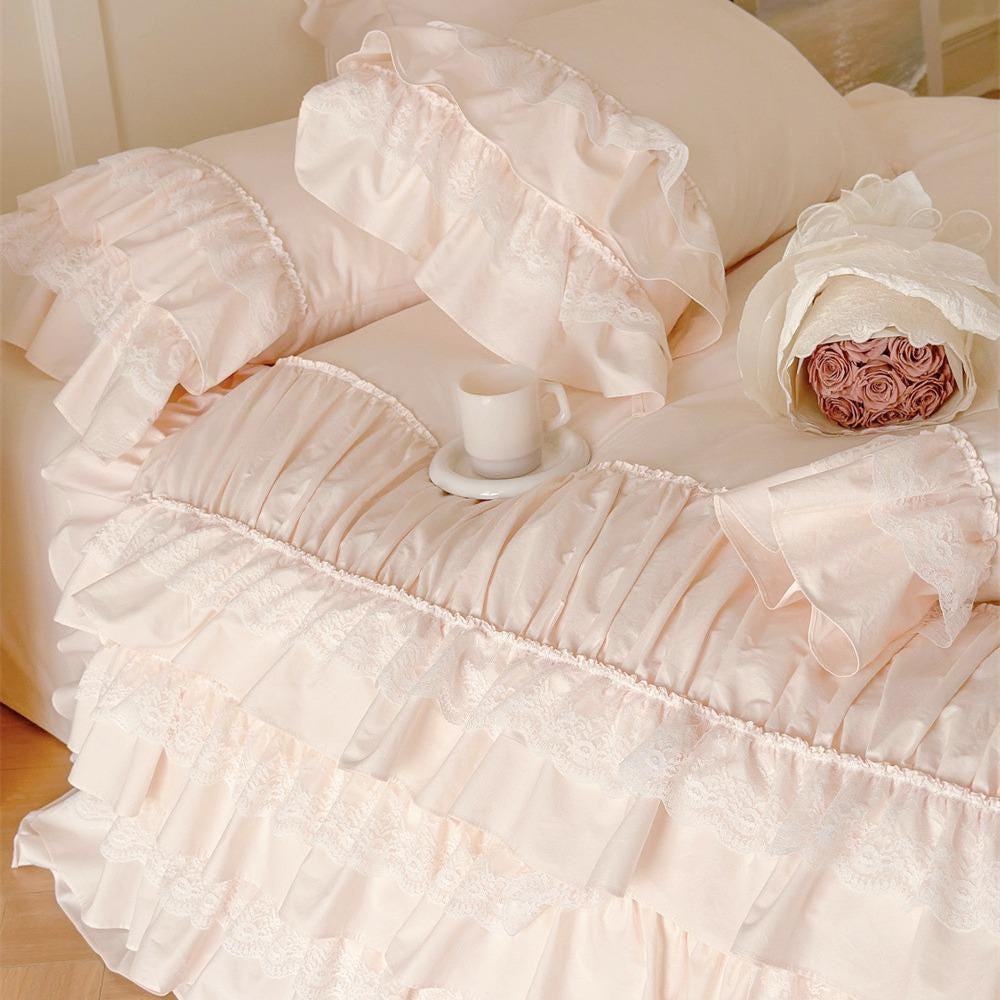 Pink Lace Ruffle Bedding Set: Vintage Washed Cotton Quilt Cover Only 4 ...