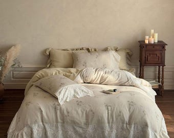 Vintage French Cotton Bedding Set: Embroidered Lace, Wrinkled Yarn (Double to King)