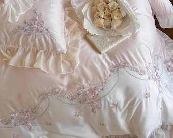 Juego de cama de algodón lyocell con bordado floral rosa - Funda nórdica sedosa de 4 piezas
