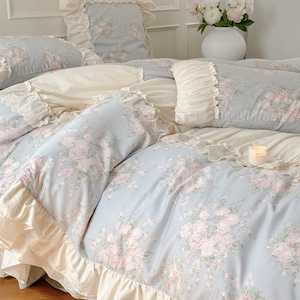Juego de ropa de cama vintage de algodón francés: elegante funda nórdica y faldón de cama (juego de 4 piezas)