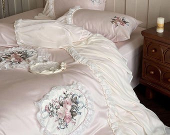 Pink French Princess Quilt Cover Only– Embroidered Chiffon Lace, Elegant Bedding