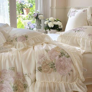 Floral Embroidered Quilt Cover Set –Cream White Tencel Cotton, Girly Lace Design image 1