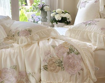 Floral Embroidered Quilt Cover Set Only –Cream White Tencel Cotton, Girly Lace Design