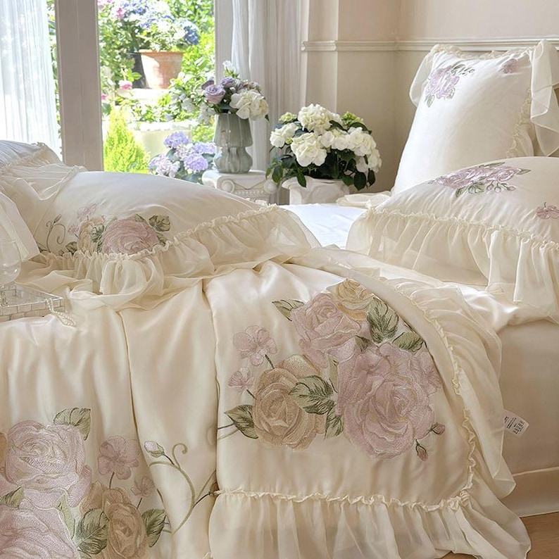 Floral Embroidered Quilt Cover Set –Cream White Tencel Cotton, Girly Lace Design image 1