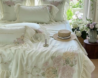 Floral Embroidered Quilt Cover Only – Green Tencel Cotton with Lace