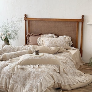 French Cream Floral Cotton Bedding Set: Ruffled Lace Princess Style