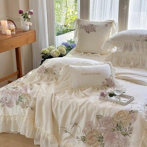 Floral Embroidered Quilt Cover Set –Cream White Tencel Cotton, Girly Lace Design image 4