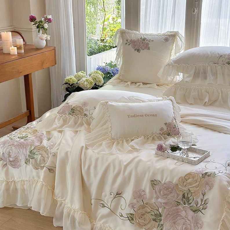 Floral Embroidered Quilt Cover Set –Cream White Tencel Cotton, Girly Lace Design image 4