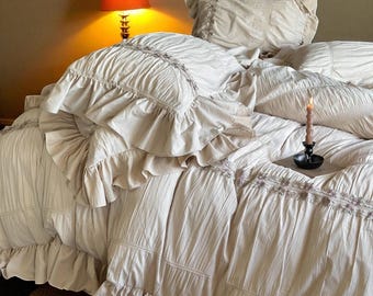 Princess Style Cotton Bedding Set: Pleated Lace Quilt Cover, French Inspired