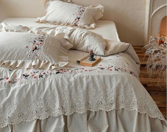 Vintage Floral Embroidered Bedding Set: French Lace Cotton Linen Quilt Cover Only