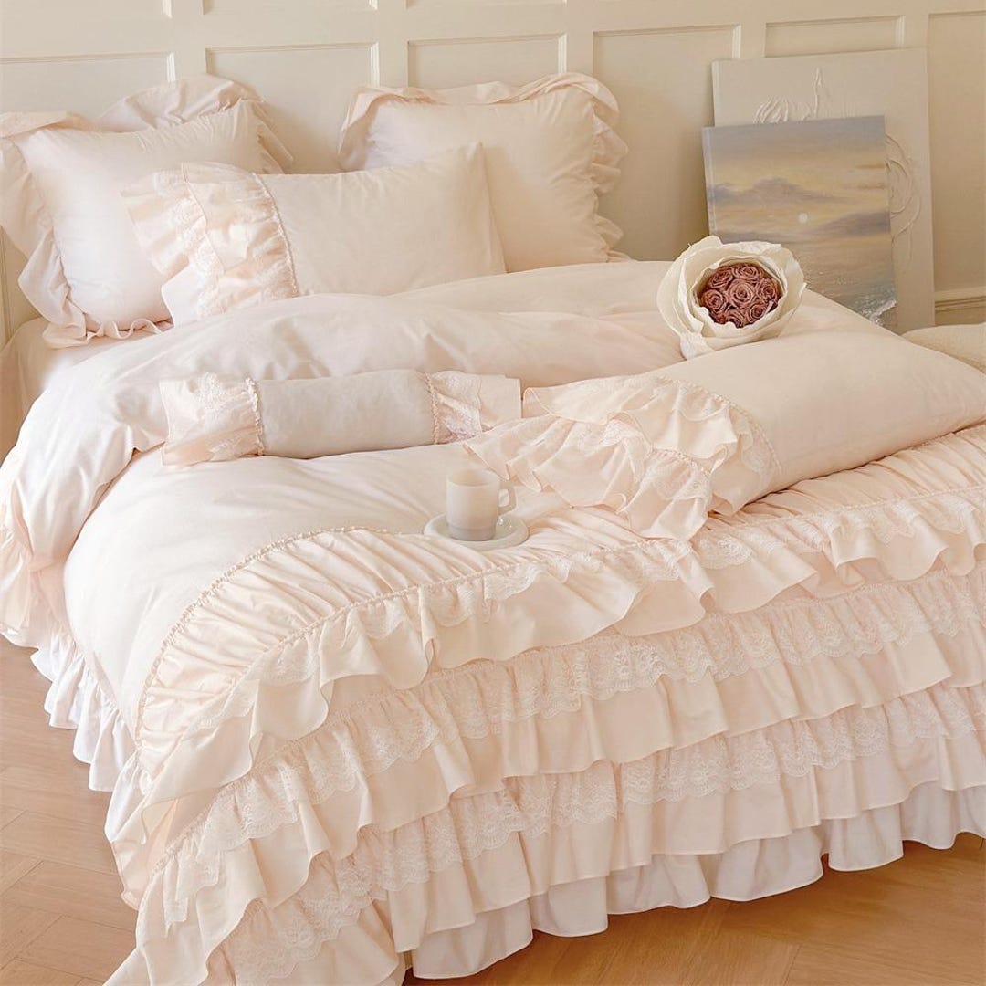 Pink Lace Ruffle Bedding Set: Vintage Washed Cotton Quilt Cover Only 4 ...