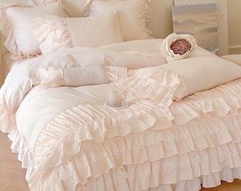 Juego de ropa de cama rosa con volantes de encaje: Funda nórdica de algodón lavado estilo vintage (solo 4 piezas).