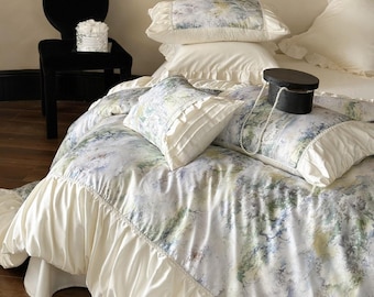 Französische Gefaltete Spitze Tencel Baumwollbettwäsche Set | Romantischer Druck