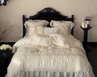 Vintage French Cream Lace Cotton Bedding Set: Pleated Quilt Cover