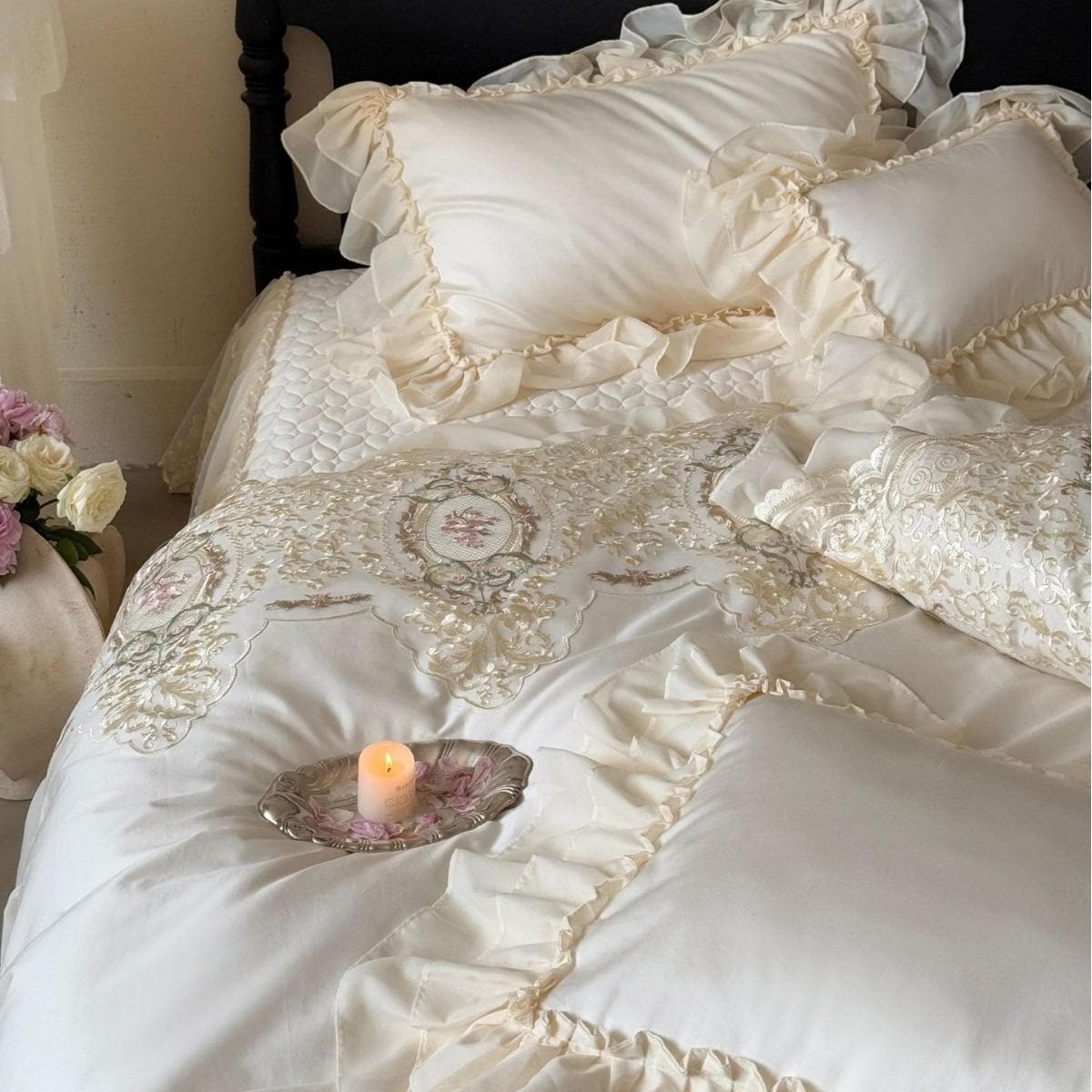 Lace Bed Ruffle Embroidered Lace Ruffle Bedding Set, Long-staple Cotton, Princess Style ...