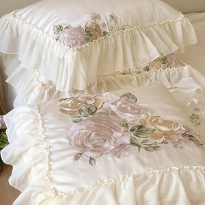 Floral Embroidered Quilt Cover Set –Cream White Tencel Cotton, Girly Lace Design image 3