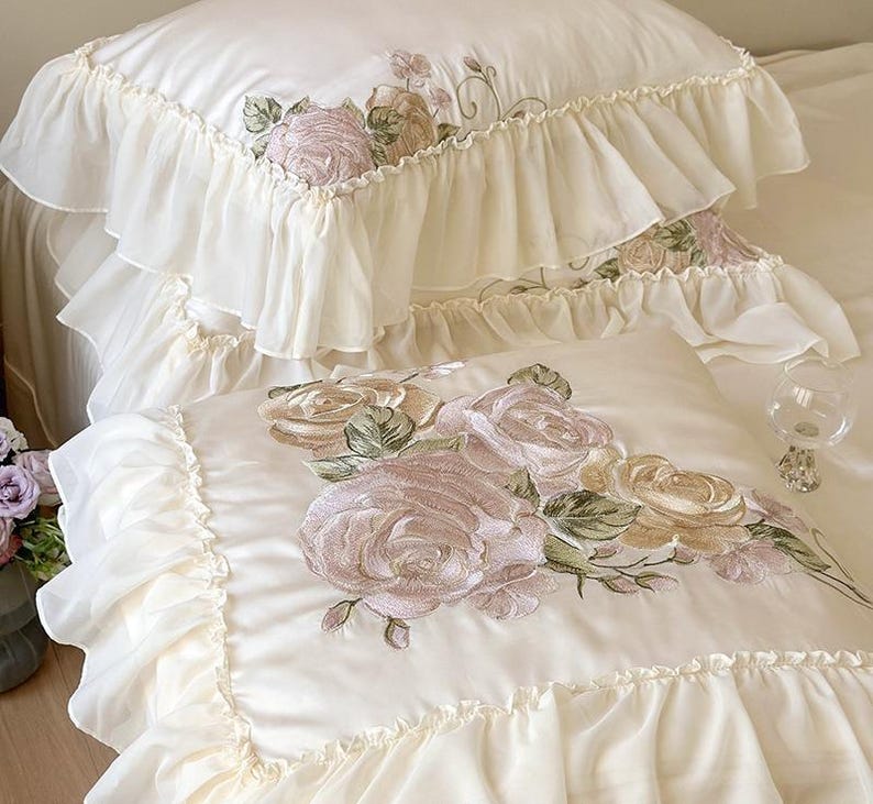 Floral Embroidered Quilt Cover Set –Cream White Tencel Cotton, Girly Lace Design image 3