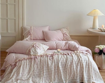 Vintage Princess Cotton Bedding Set: Lace & Bow Quilt Cover