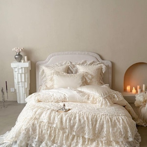 French Lace Shabby Chic Duvet Cover Only – Long Staple Cotton Soft Romantic Elegant Bedding