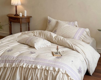 French Romantic Embroidered Cotton Linen Duvet Cover Only – Soft Elegant Floral Bedding
