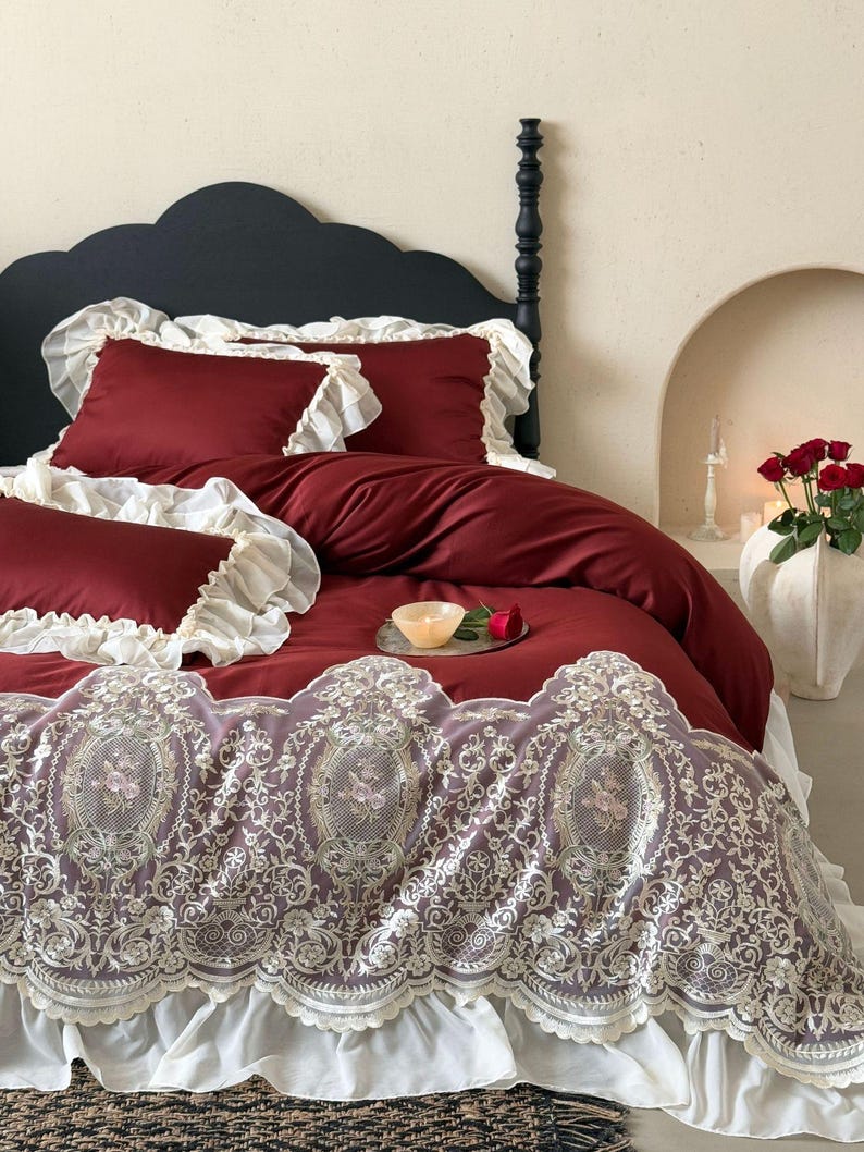 Lace Bed Ruffle Embroidered Lace Ruffle Bedding Set, Long-staple Cotton, Princess Style ...