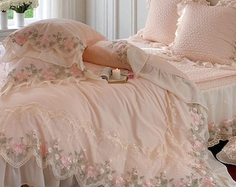 Pink Embroidered Cotton Bedding Set: Ultra-Soft Lace Quilt Cover