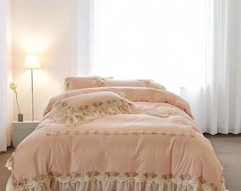 Handmade Vintage Princess Cotton Bedding Set: Embroidered Floral Design