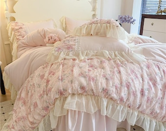 Pink French Princess Bedding Set: Washed Cotton Lace Embroidery