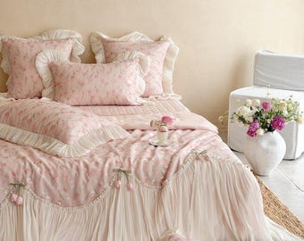 Edredón French Tulip Tencel solamente – Ropa de cama de verano Sweet Lace, suave y sedosa, lujosa