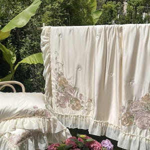 Floral Embroidered Quilt Cover Set –Cream White Tencel Cotton, Girly Lace Design image 9