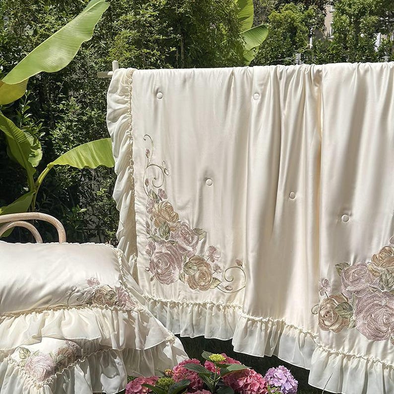 Floral Embroidered Quilt Cover Set –Cream White Tencel Cotton, Girly Lace Design image 9