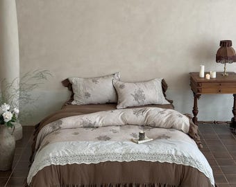 Vintage French Floral Cotton Bedding Set: Lace Embroidered Quilt Cover Only