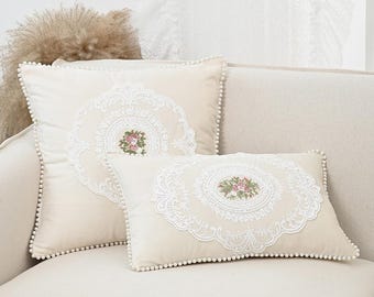 Embroidered White Lace Pillow Case Set: Handmade Cotton Cushion Covers
