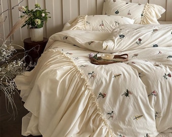 Vintage Floral Embroidered Cotton Bedding Set with Bed Skirt