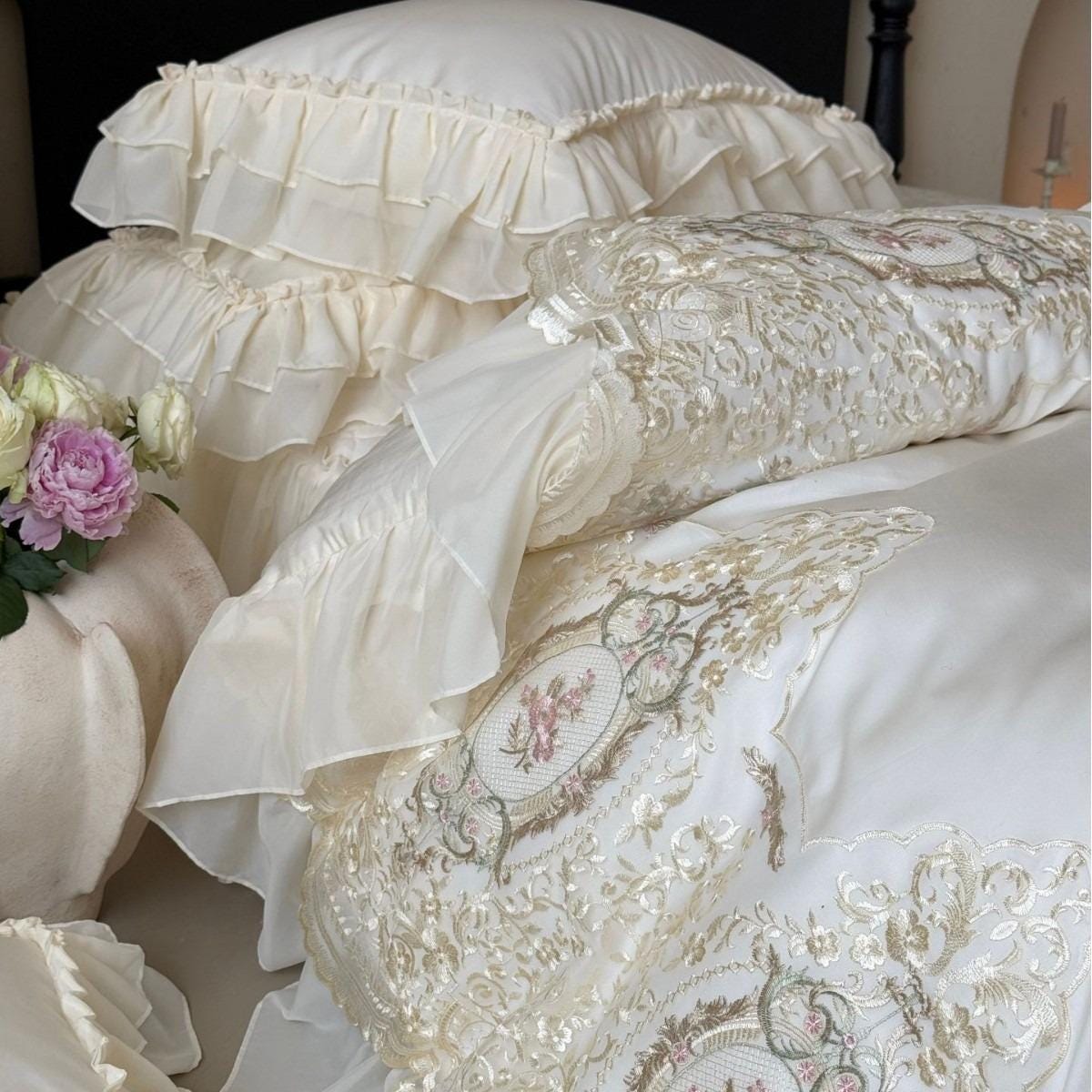 Lace Bed Ruffle Embroidered Lace Ruffle Bedding Set, Long-staple Cotton, Princess Style ...